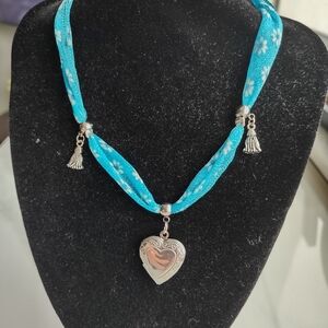 Silver Heart Pendant Necklace with Blue Fabric
